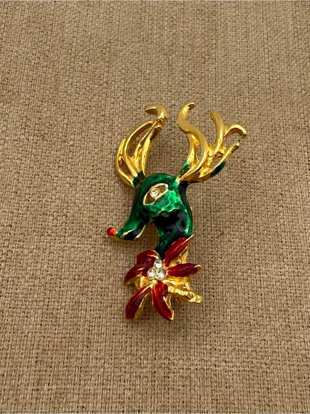 Festive Reindeer Brooch with Poinsettia - Green, Red & Gold